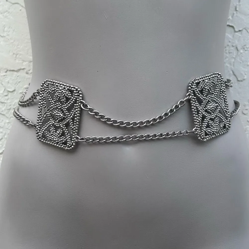 Vintage Stamped Steel Panel And Chain Fashion Belt Women's 30